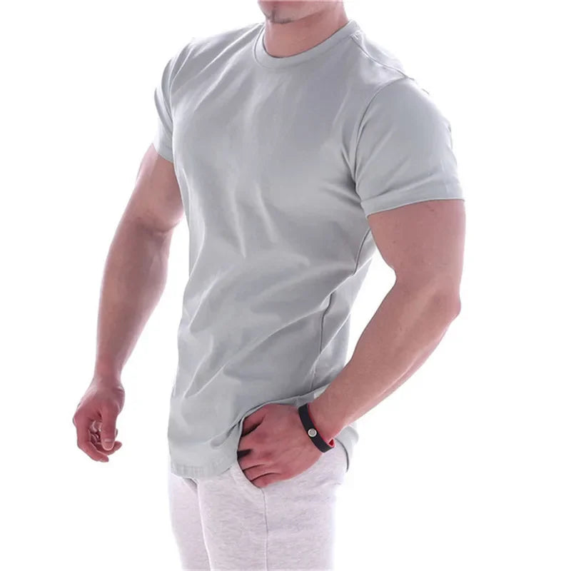 NEW Men Summer T Shirts High Elastic Slim Fit T shirt Men Quick-drying Curved Hem Mens T-Shirts Fitness casual Solid Color tops