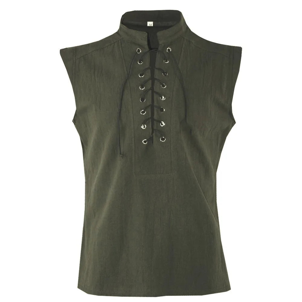 Men's Casual Shirt Black Green Steampunk Gothic Tank Tops Medieval Shirt Lace-Up Sleeveless Renaissance Pirate Shirts for Men