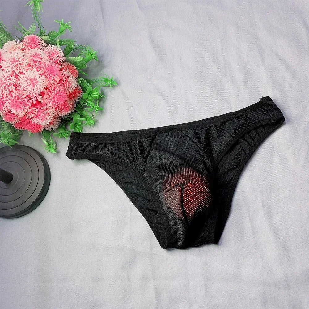 Men Sexy Briefs Sheer Mesh Underwear Low Waist See Through Pouch Underpants Cotton Breathable Solid Color Seamless Men's Panties