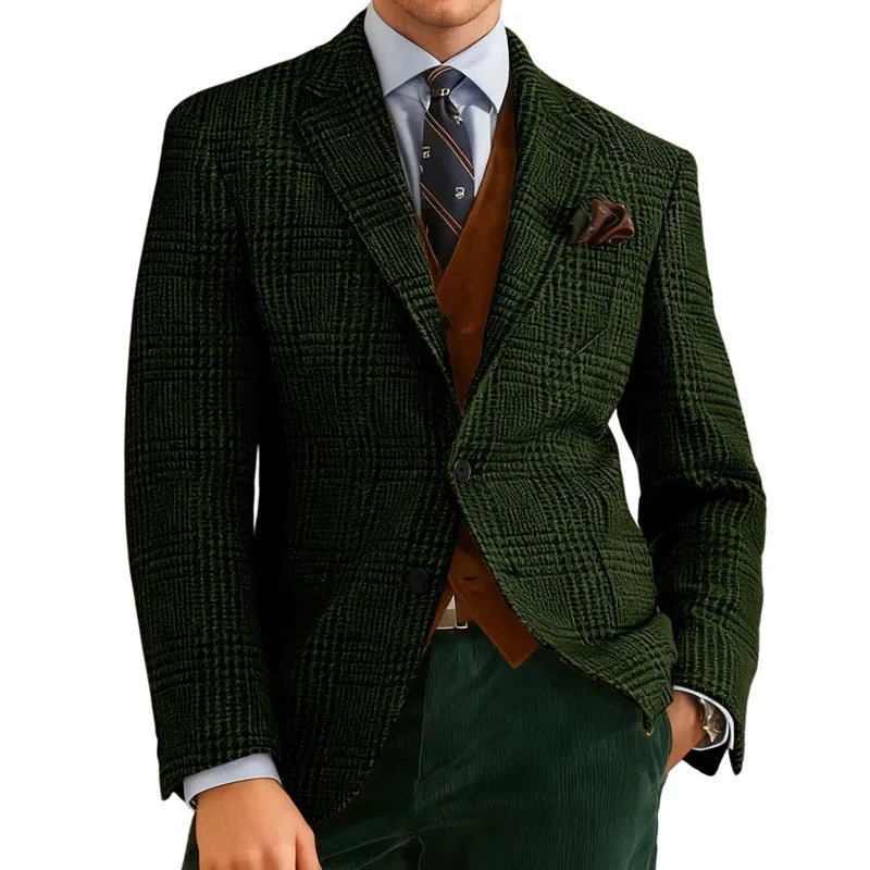 Autumn Winter Men's Suits Jacket Formal Single-Breasted Plaid Blazer Tweed Wear Tuxedos Business Casual Party Men Sport Coats