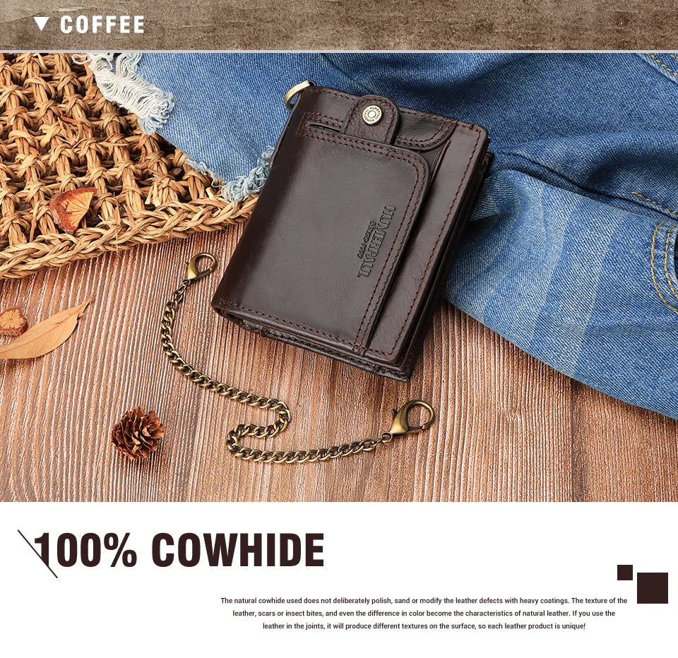 Real Leather Wallet for Men RFID Blocking Credit Card Holder Purse Male Short Bifold Zipper Coin Pocket with Anti-Theft Chain