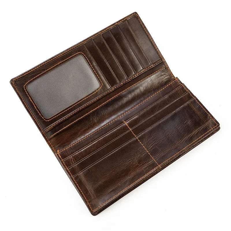 Casual Long Wallet Men Mobile Phone Male Long Purse Bifold Card Wallet Natural Cow Skin Leather Purse Men Business  Card Holder
