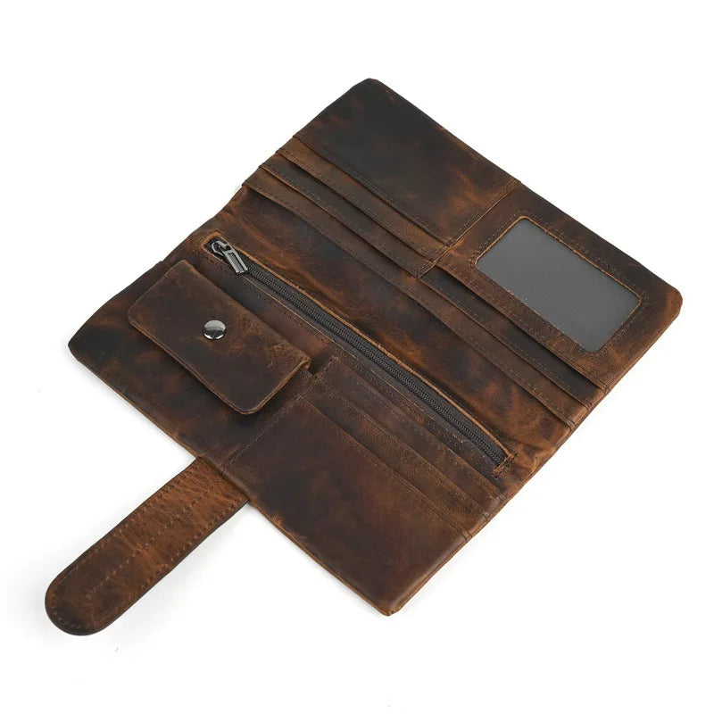 Vintage Genuine Leather Men's Long Wallet Real Cowhide Leather Long Purse Men Women Smooth Skin Leather Card Purse Anti Theft
