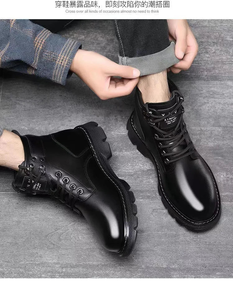 Winter Men's High Top Boots Trendy Black Motorcycle Boots Outdoor Warm Platform Boots Men Lace-up Leather Boots Bota Masculina