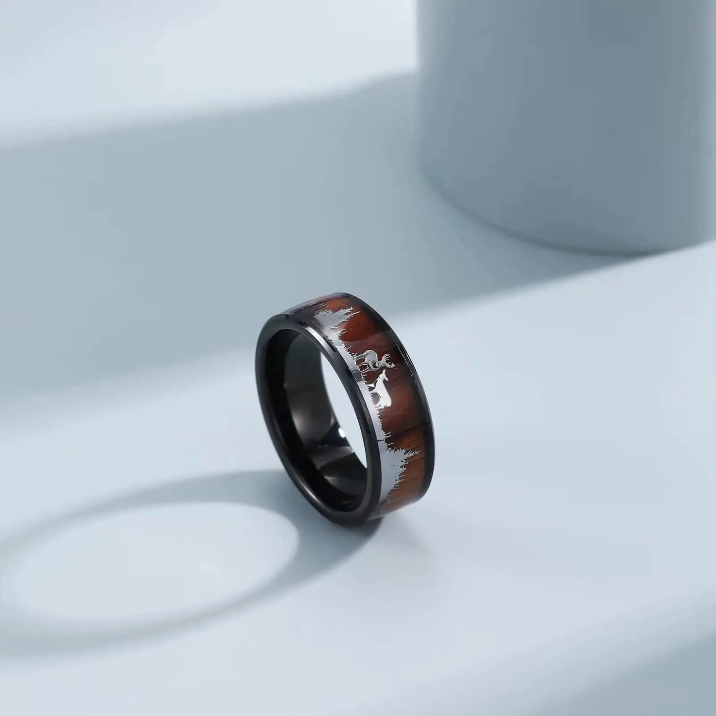 Fashion Deer Family Black Hunting Stainless Steel Rings for Men Women KOA Wood Inlay Beveled Polished Edge Wedding Bands Jewelry