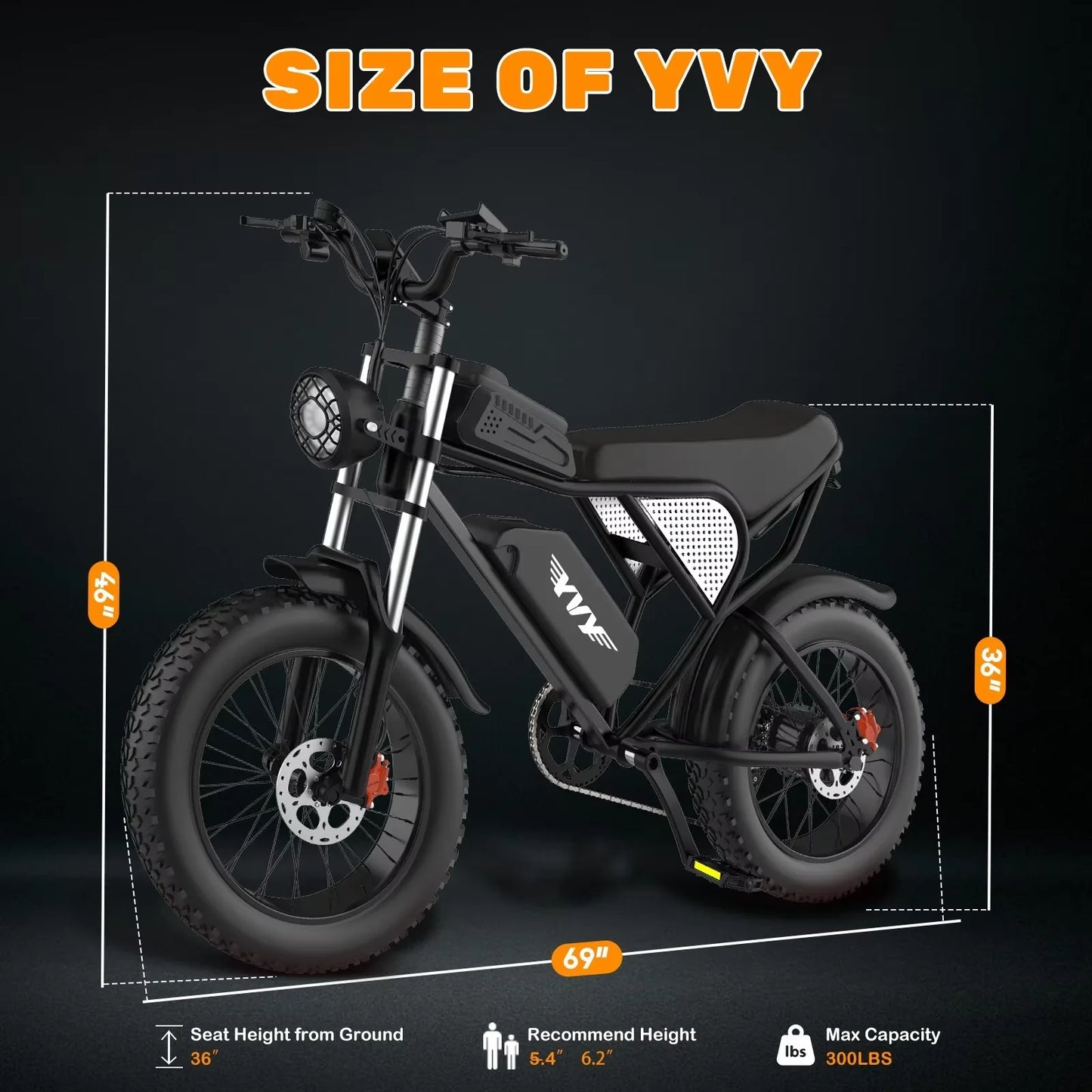 YVY Electric Bike for Adults 1200W 48V 15.6Ah Teens Off-road Touring City Trail 20*4 Inch Fat Tire Snow City Commuter EBike