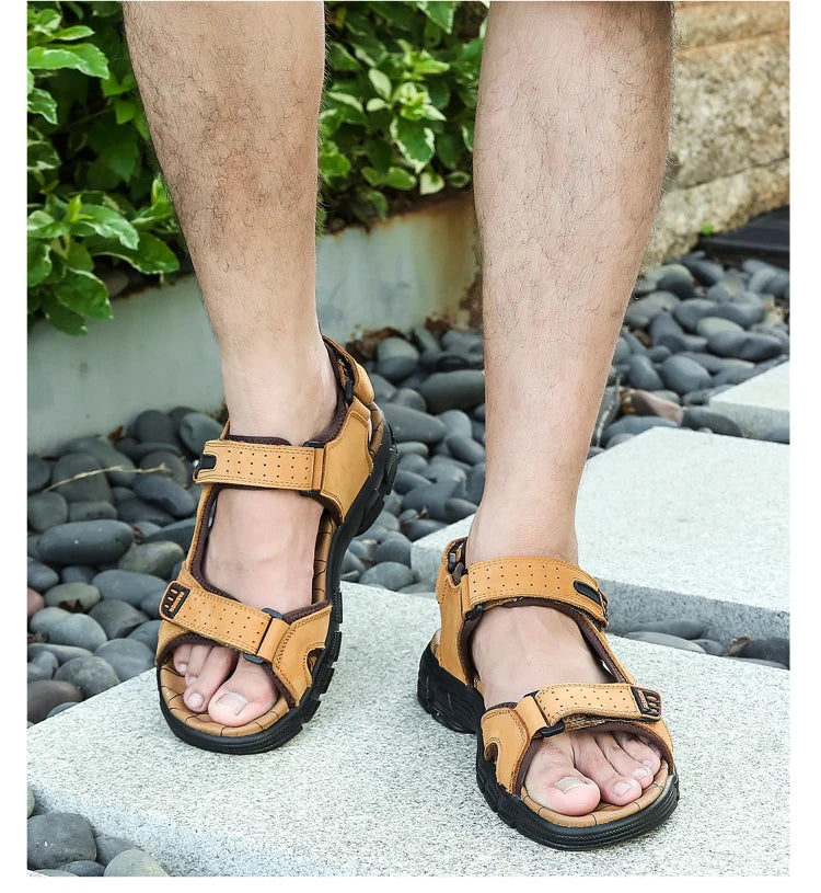 Men's shoes summer plus size shoes hollow soft bottom layer cowhide sandals casual sandals light outdoor beach shoes 38-46