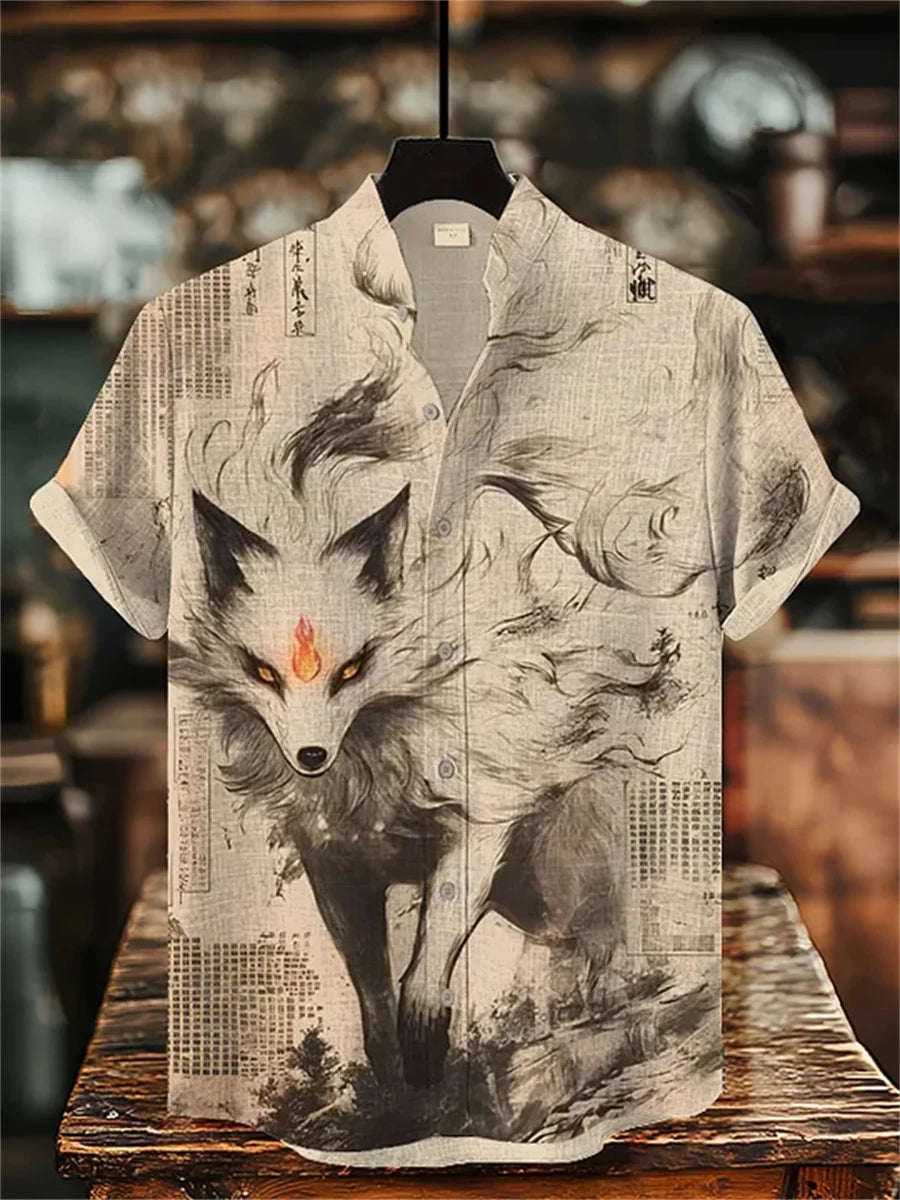 Men's short-sleeved shirt with samurai print and stylish ink painting design, summer casual men's top, trendy retro streetwear.