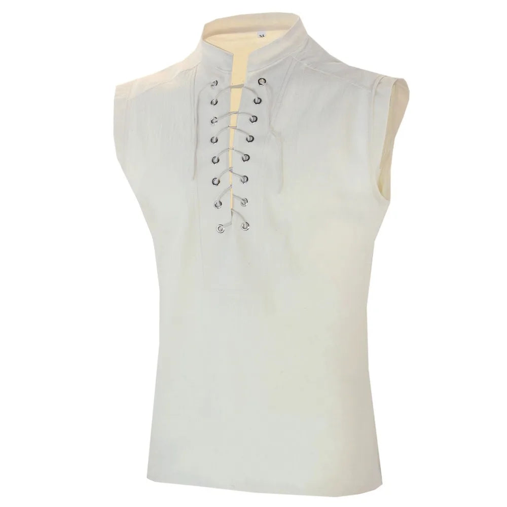 Men's Casual Shirt Black Green Steampunk Gothic Tank Tops Medieval Shirt Lace-Up Sleeveless Renaissance Pirate Shirts for Men