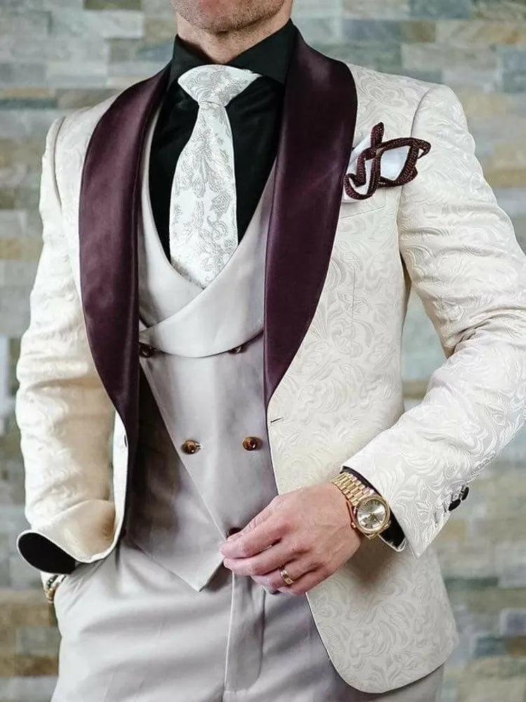Hot Selling Men Suits Pattern and Black Groom Tuxedos Shawl Satin Lapel Groomsmen Wedding Best Man ( Jacket+Pants+Vest+Tie) C691