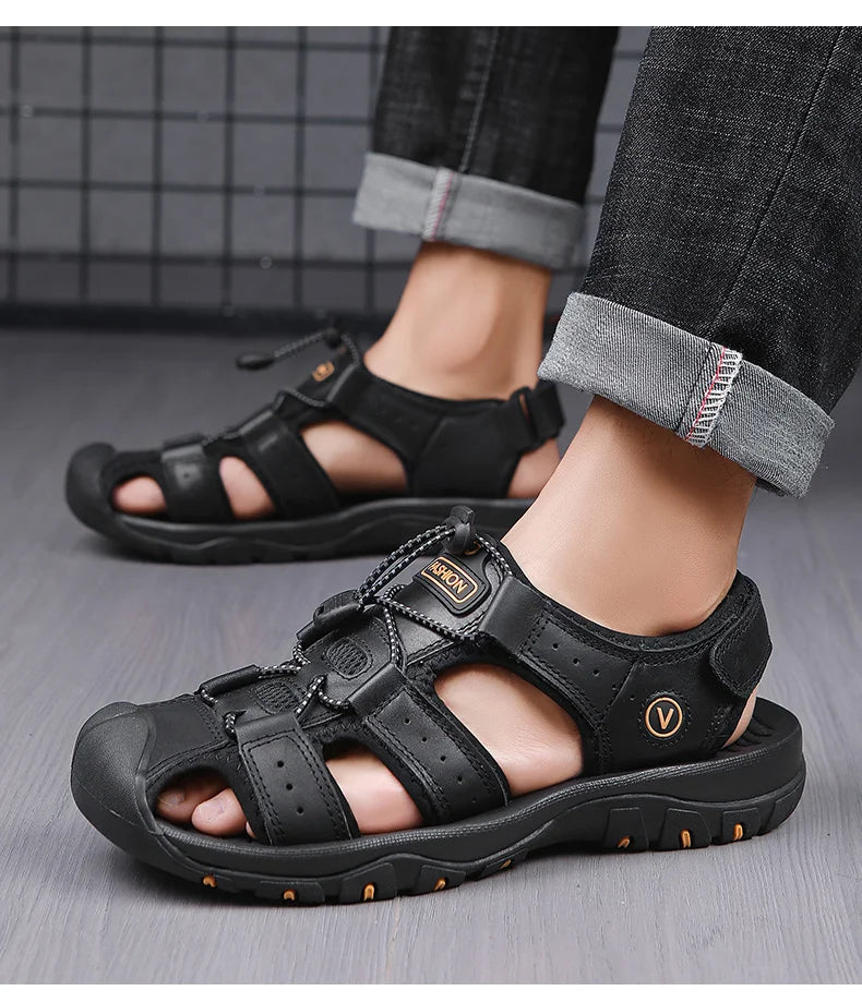 2025 Summer Men Sandals Leather Mens Casual Shoes Breathable Outdoor Sandals for Men Beach Shoes Slippers Fashion Roman Shoes