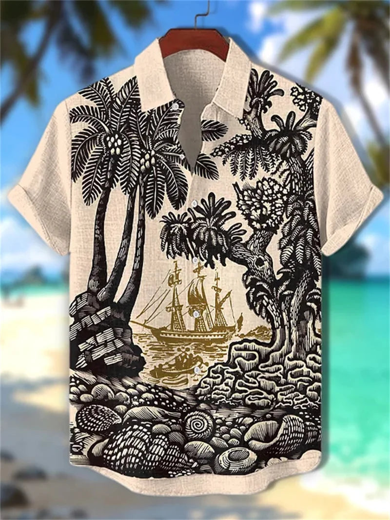 New men's linen art 3D wave print short sleeved shirt with warrior cat animal pattern casual short sleeved shirt top