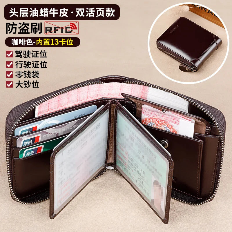 Fashion Genuine Leather Wallet For Men Zipper Complete Closure Wallet Driving License Credit Card Holder Coin Bag Men's Wallet