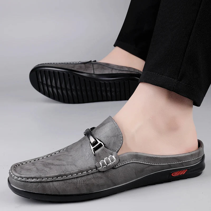 Men Casual Summer Shoes Hollow Out Men's Driving Shoes High Quality Male Business Shoes Half Slippers Genuine Leather Loafers