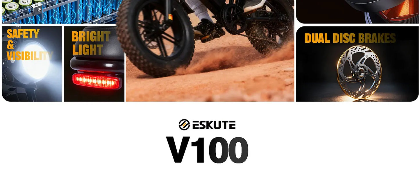 Eskute V100 Electric Bike, 1500W Peak 28MPH 48V13Ah Motorcycle, 16"x4" Fat Tire 7-Speed Dual Suspension E-Bike, 1 Year Warranty
