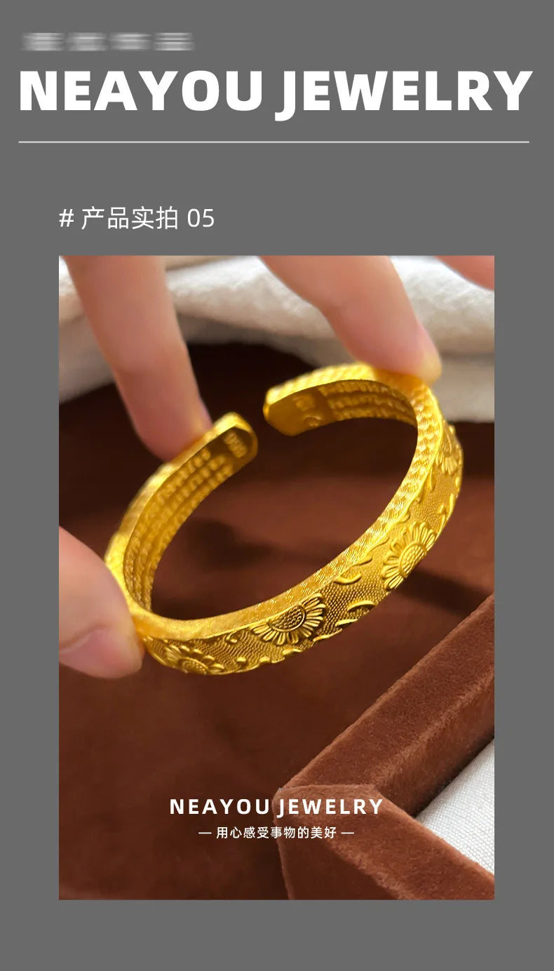 Real 9999 24k Gold Design Is Thickened and Wide, Facing the Sunflower and Engraved with the Heart Sutra, Open Bracelet Bracelet.