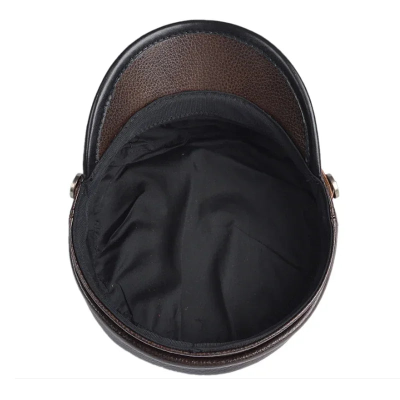 Unisex German Military Cap Man Genuine Leather Flat Top Hat Korean Fashion Eagle Mark Chain Punk Locomotive Casquette Male