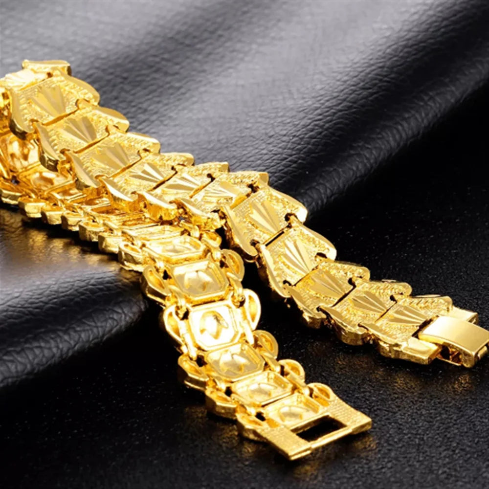 SAIYE 21cm Retro Fashion European Coin Gold Plated Jewelry 24K Gold Men Wide Bracelet Watch Chain Wholesale