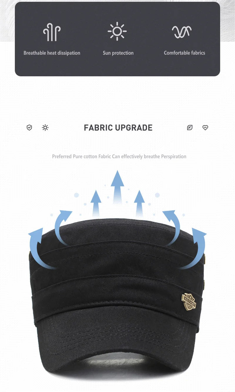 Men  Cap Summer Autumn Casual Cadet Hat Flat Top Caps Female Vintage Hats Bone Man Cap Fashion Shade Cotton Cap
