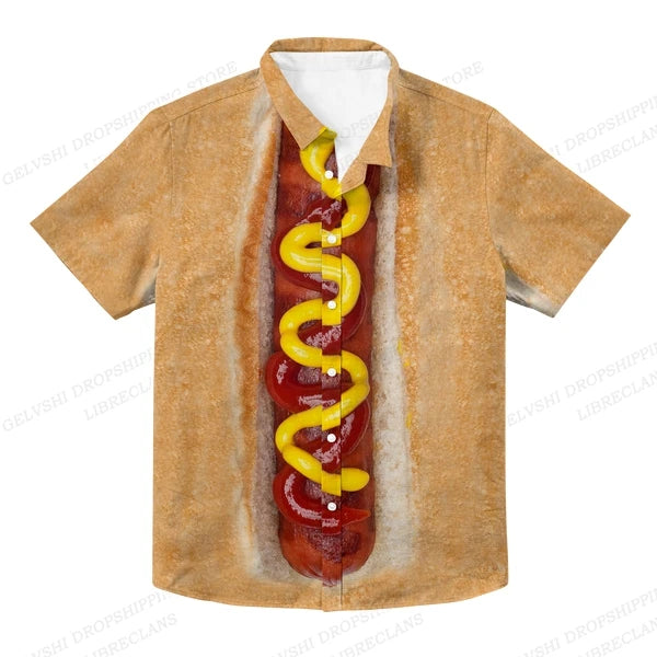Foods Sausage Shirts Men Women Fashion Shirts Hawaiian Casual Beach Blouse Cuba Camisa Turn Down Collar Funny Chips Shirt Boy