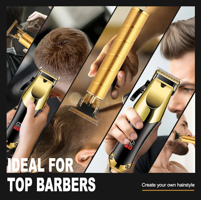 Men's Grooming Kit 3-Piece Set, Golden Balck Hair Clippers With LCD Display, USB Rechargeable, 8 Guide Combs, Trimmer And Shaver
