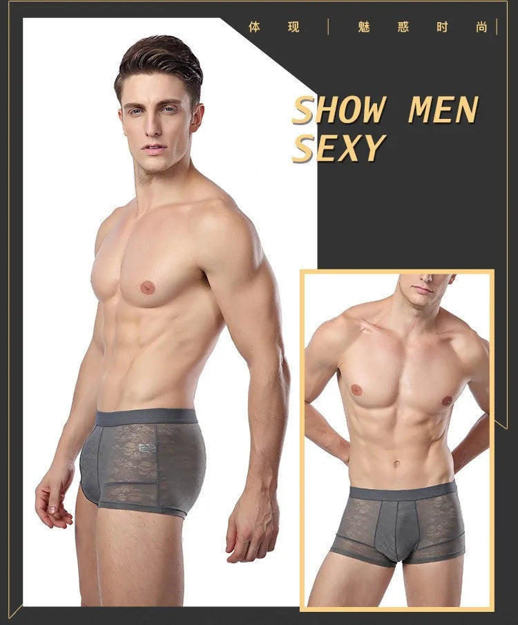 Men Boxer Underwear Sexy Ultra Thin Strectch See Through Panties Ice Silk Breathable Mid Waist Solid Underpants Male Briefs