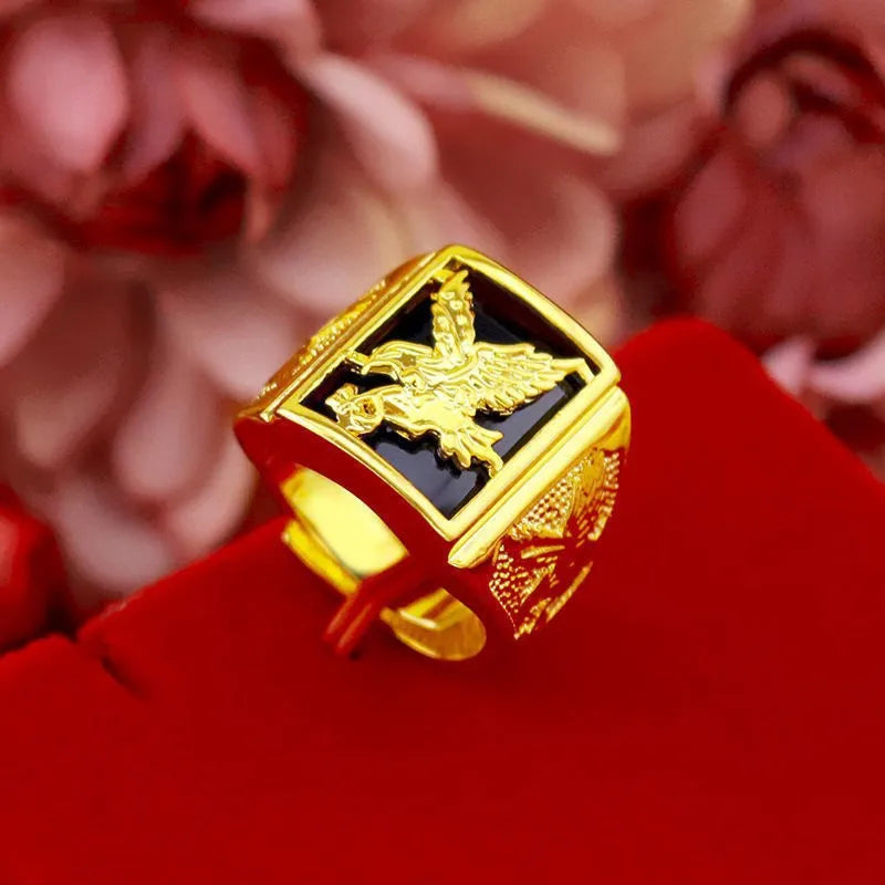 Men's Eagle Ring Embedded Agate Imitation Gold Plating Sand Gold Live Broadcast Ring Geometric Style Retro Fashion Jewelry