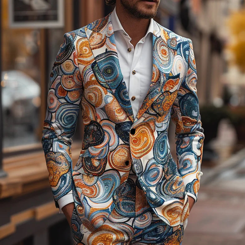 New Design Mens 2 Piece Suit Oilpainting Graffiti Print Coat Top Two Buttons Casual Nightclub Slim Fit Suit No Slit No Tie