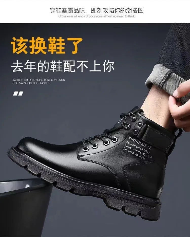 Winter Men's High Top Boots Trendy Black Motorcycle Boots Outdoor Warm Platform Boots Men Lace-up Leather Boots Bota Masculina