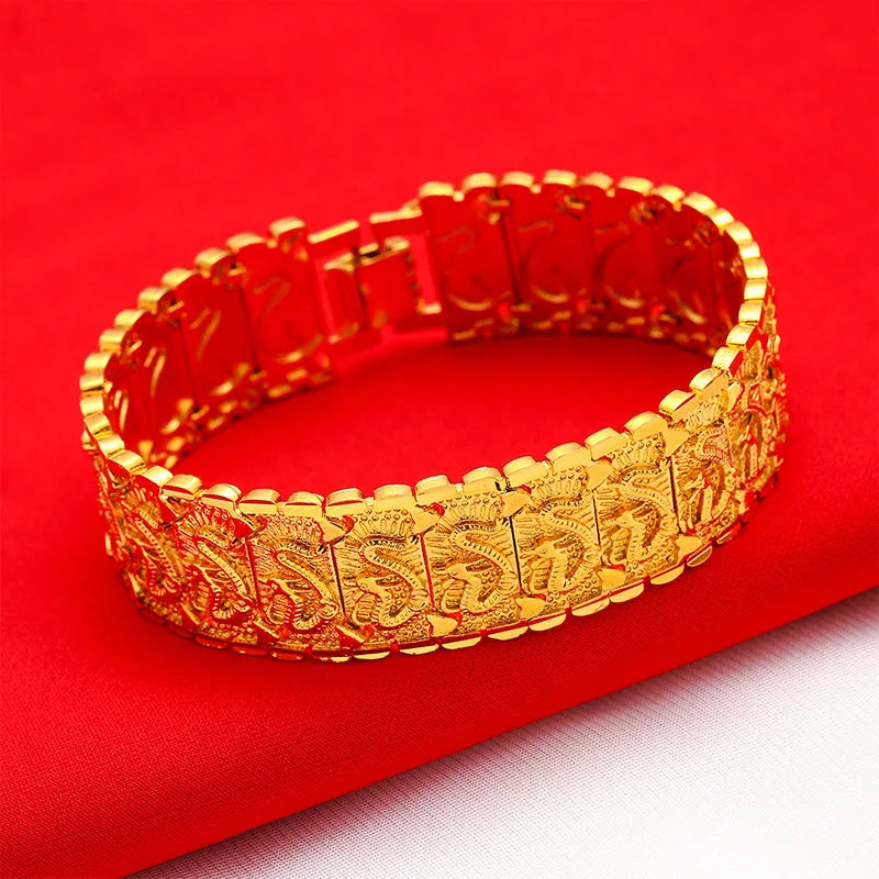 EternaGold Men's 24K Gold (AU999) Overbearing Long Dragon Watch Chain | Gold-inlaid dragon eyes, hammered dragon bone with adjus