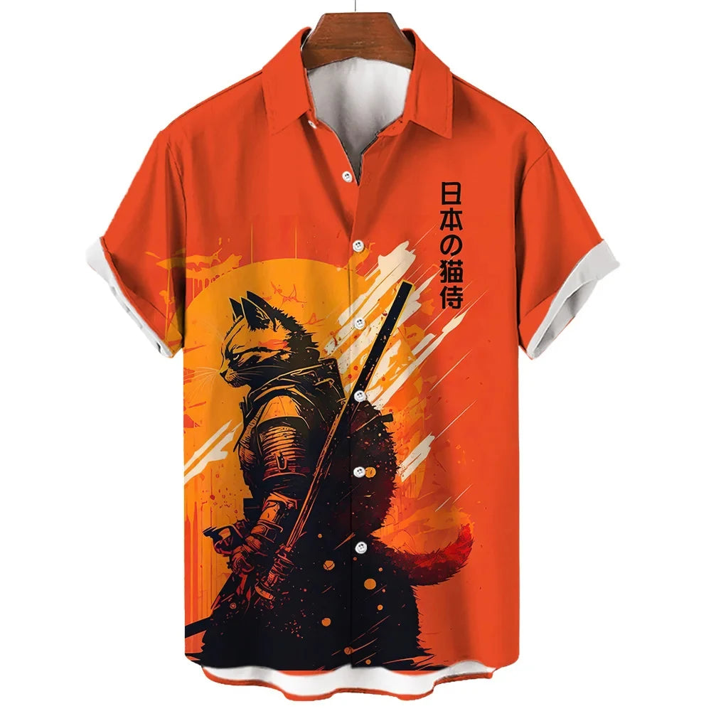Fashion Cool Samurai Cat Graphic Shirt Japanese Style y2k Men's Streetwear Summer Casual Short Sleeve Buttons Hawaiian Shirts