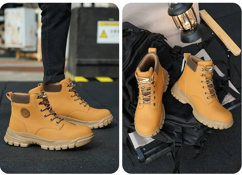 Work Safety Boots for Men, Anti-smash Steel Toe Shoes, Puncture-proof, Indestructible, Waterproof Sneakers Brown Boots