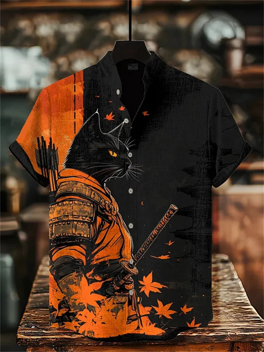 Men's short-sleeved shirt with samurai print and stylish ink painting design, summer casual men's top, trendy retro streetwear.