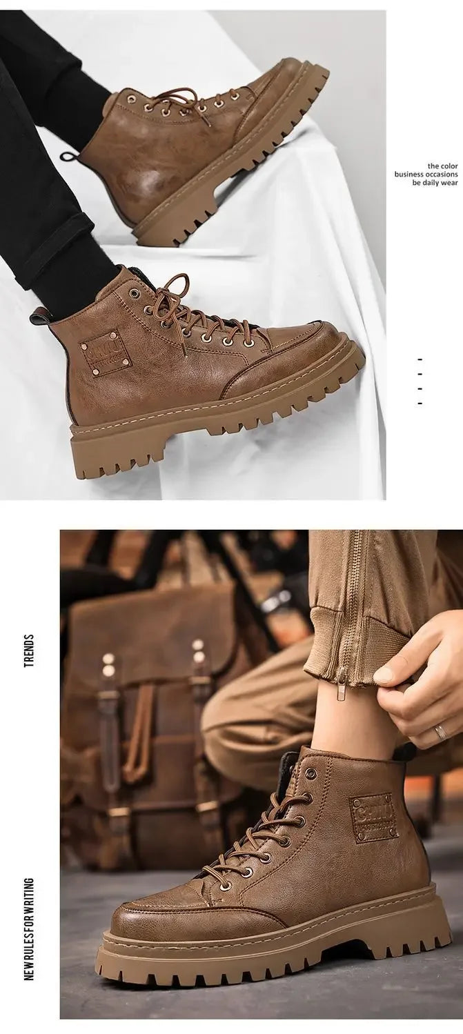 Men Boots Autumn Leather Waterproof Mid-top Sports Shoes New Fashion Ankle Boots Casual Outdoor Hiking Boots Shoes Male Sneakers