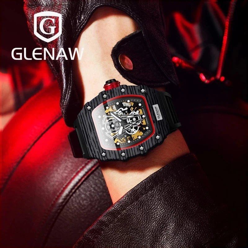 GLENAW Brand Automatic Mechanical Watch Men Casual Sport Rubber Strap Wristwatch Luminous Waterproof Mechanical Watches Relogio