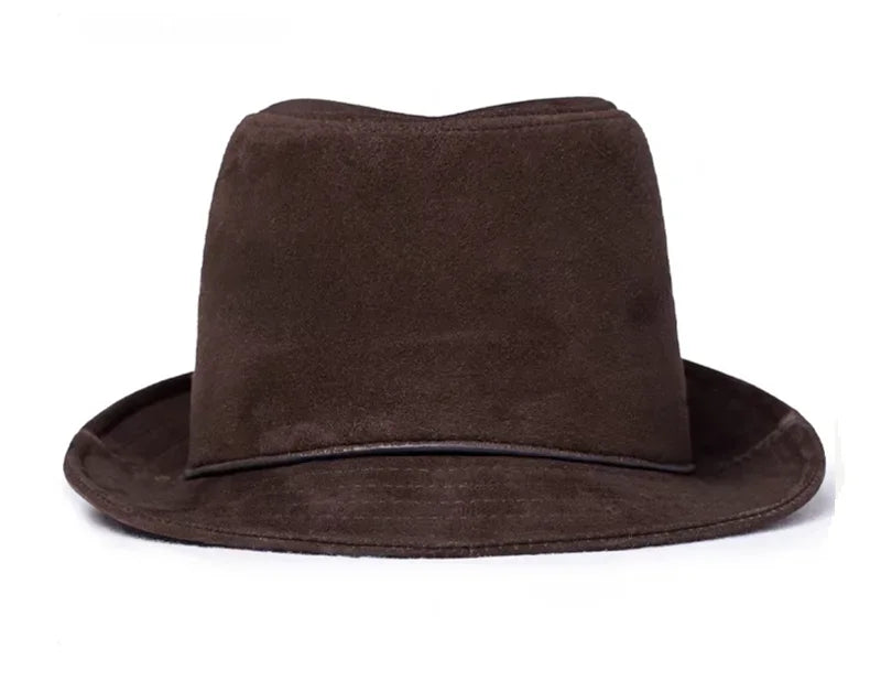 Male High Quality Genuine Leather Formal Hat Jazz Gentleman Goat Skin Suede Short Brim Brown Top Fedoras Embroidery