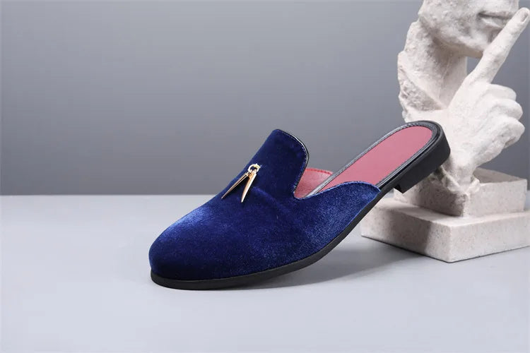 Fashion New Men Velvet Tassels Half Slippers Loafer Male Casual Purple Green Blue Black Mules Moccasins Breathable Driving Shoes