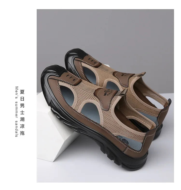 2025 Summer Beach Sandals for Men New Hollow Men's Sandals Outdoor Breathable Mens Bag Head Mesh Casual Shoes Zapatillas Hombre