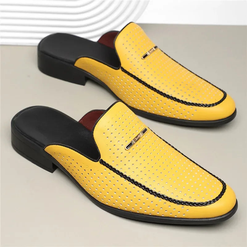 Men's Yellow White Black Half Slippers Driving Shoes 2025 New Casual Patent Leather Mules Loafers Zapatos Hombre