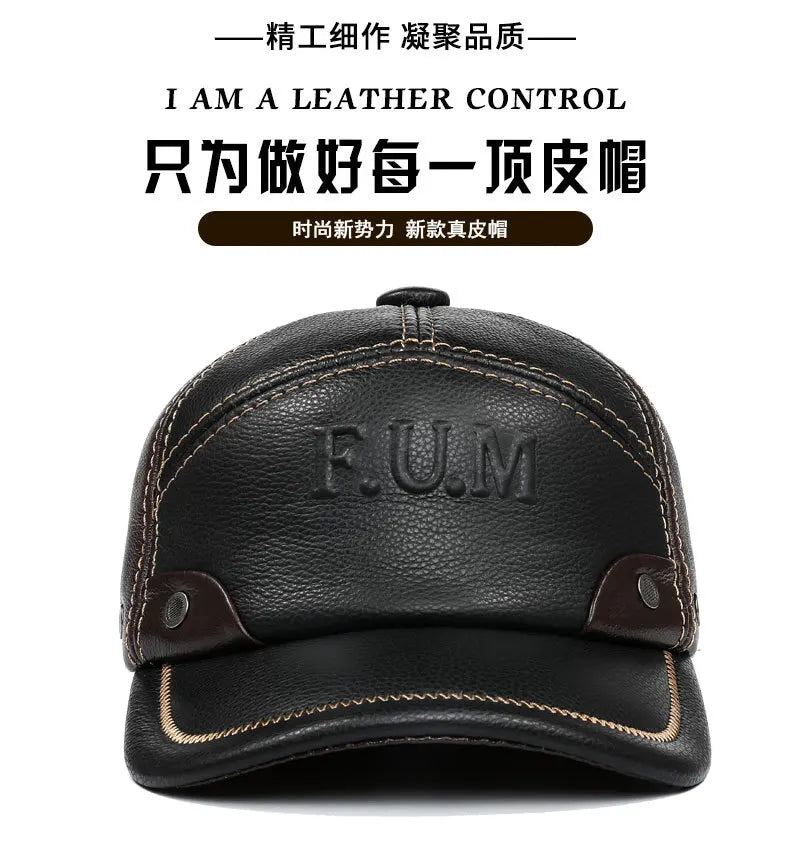 New Autumn Winter Men's Genuine Leather Cap Natural Cowhide Baseball Caps Thickened Warm Coldproof Ear Protection Earmuffs Hats