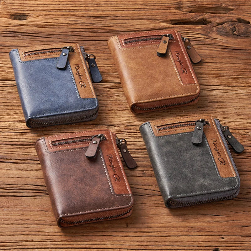 Trendy Wallet Men's PU Leather Male Short Zipper Simple Card Holder Soft Leather Money Clip Retro Coin Purse Gifts for Students
