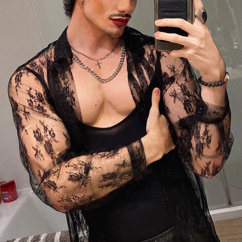 New 2025 Men's Casual Long Sleeve Shirts Black See-through Lace Top Shirts Slim Sexy Club Party Men's Sexy Shirt Hollow Out Tops