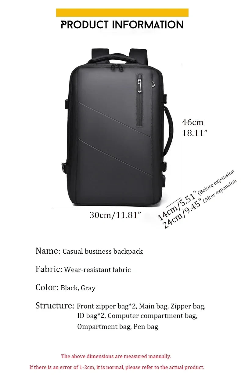 Large Capacity Men's Backpack Expandable Business Travel Bag 15.6 inch Laptop Waterproof Backpack USB Charging Camping Baggage