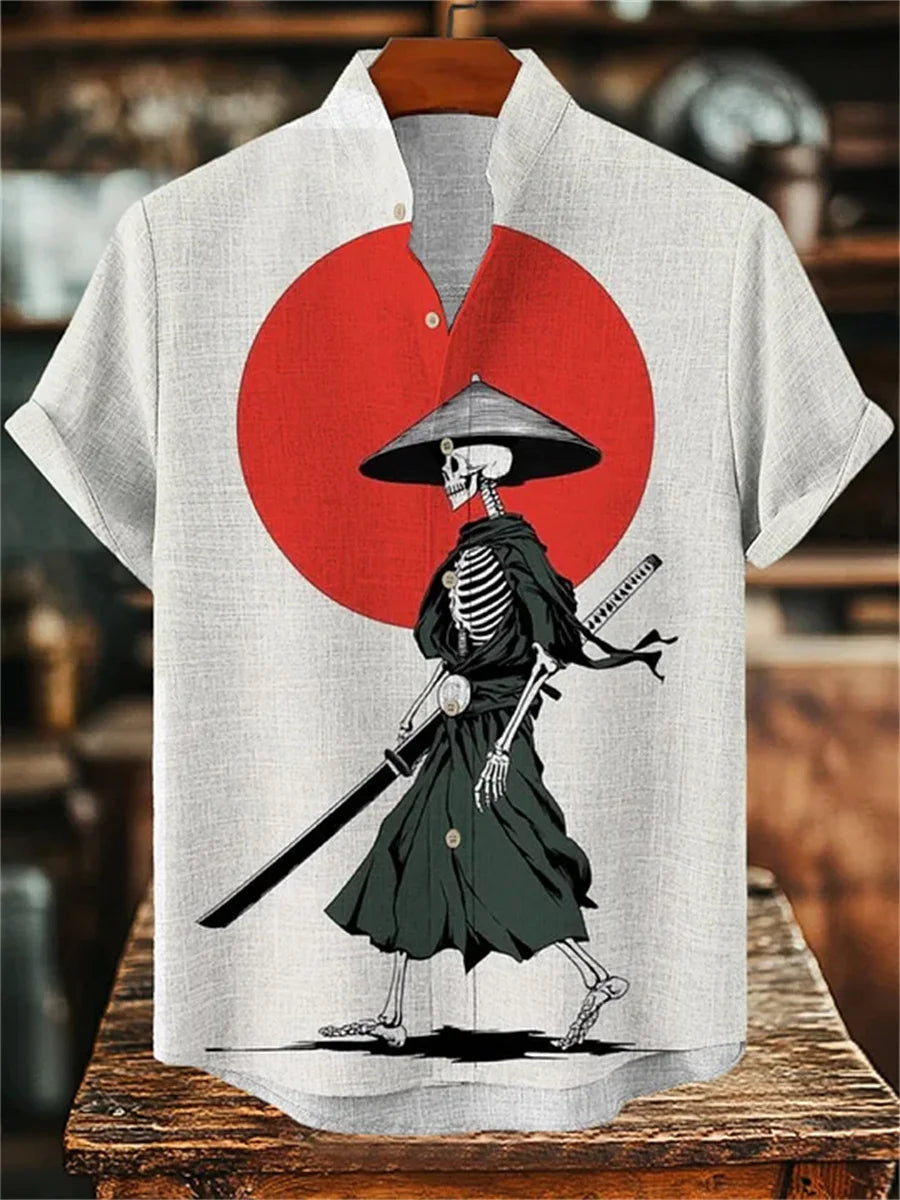 Men's short-sleeved shirt with samurai print and stylish ink painting design, summer casual men's top, trendy retro streetwear.