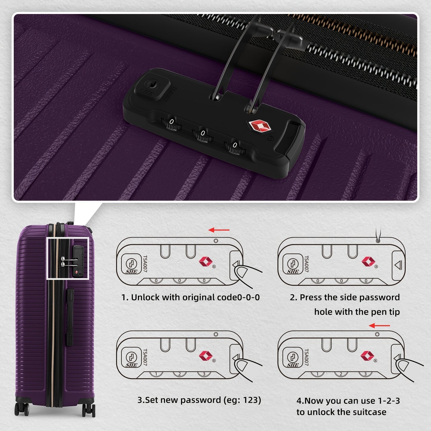 5-Piece Expandable PP Luggage Set - Durable Spinner Suitcases with TSA-Approved Combination Lock, Aluminum Alloy Handle, and Hard Shell - Perfect for Women Travelers and Carry-On Needs