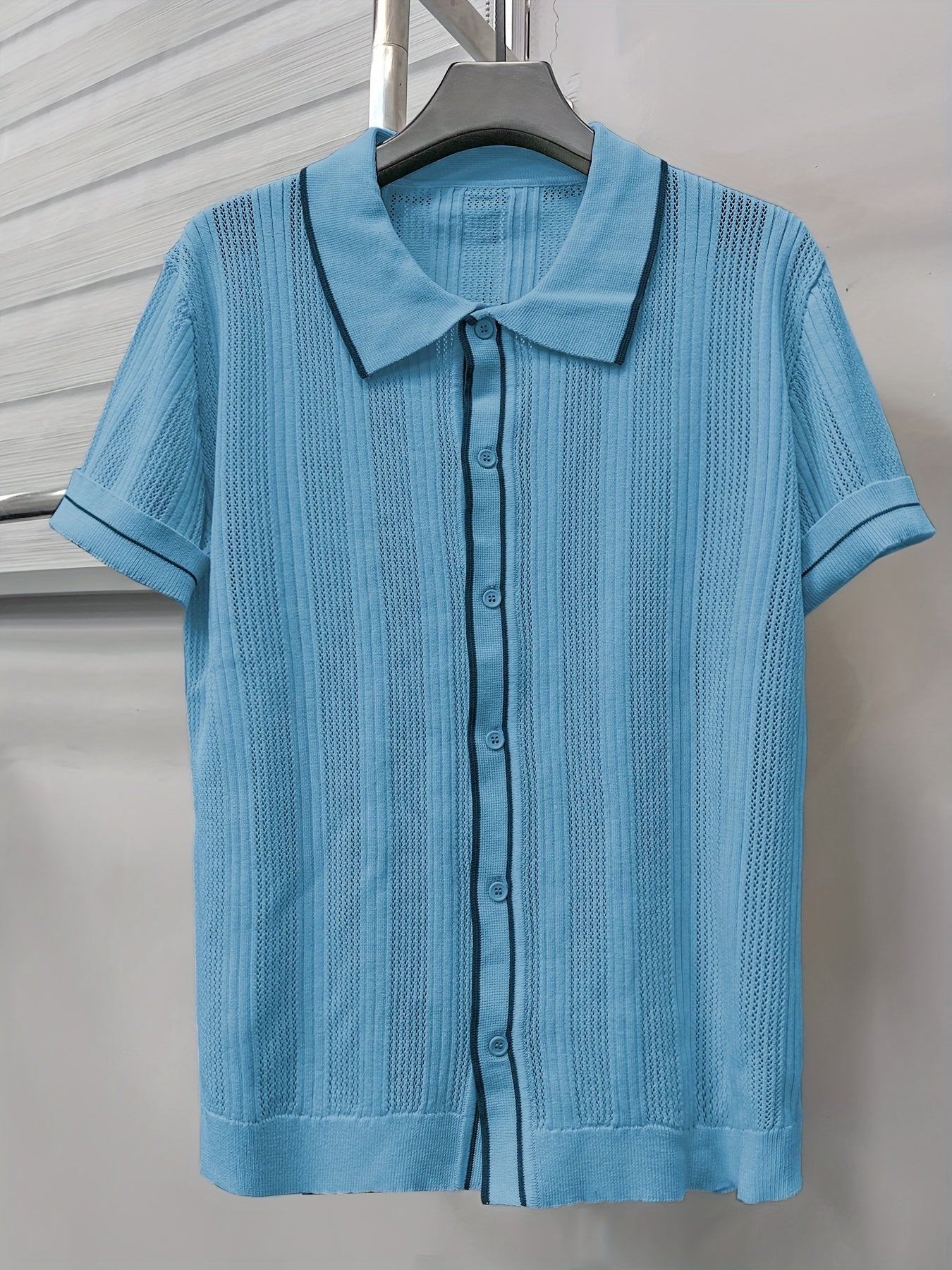 2025 Spring And Summer New Hollow Striped Men'S Shirts, Men'S Casual Contrasting Lapel Short-Sleeved Tops, Men'S Summer Short-Sleeved Shirts, Men'S Shirts for Daily Outings, Men'S Tops, Men'S Shirts