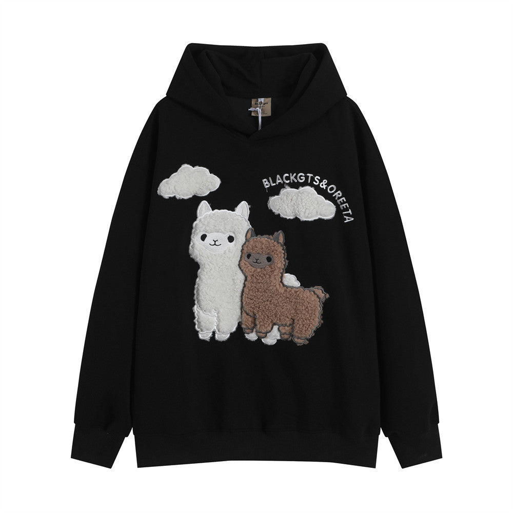 Cartoon Alpaca Embroidered Hooded Sweater For Men