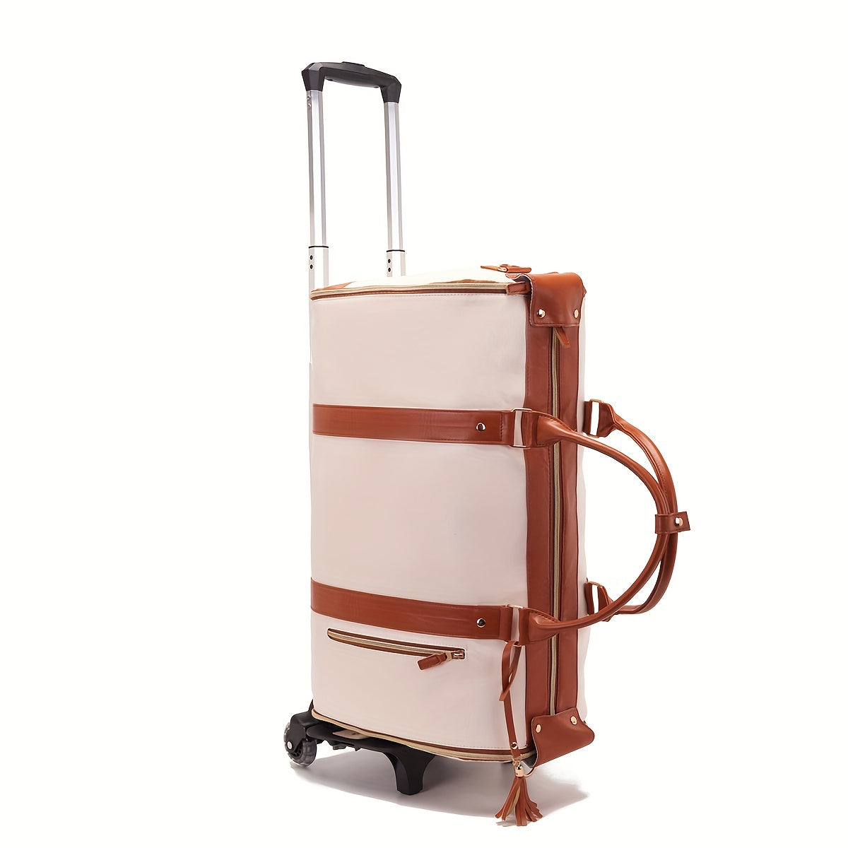 Chic Tassel Faux Leather Suitcase with Retractable Wheels & Shoulder Strap - Versatile Travel Luggage in Cream