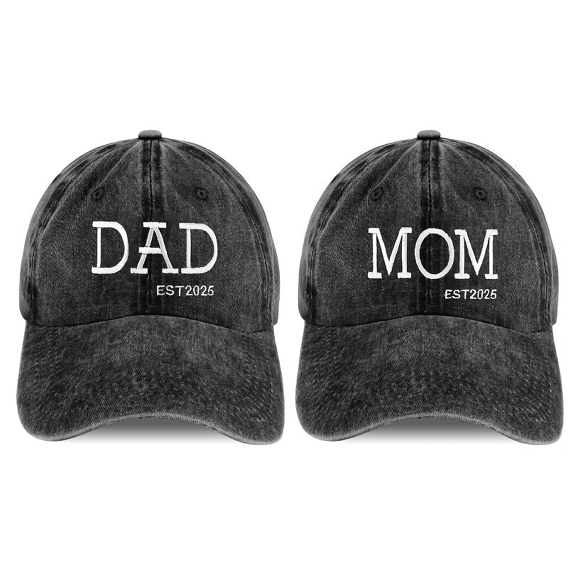 2pcs "Dad and Mom Est 2025" Hats - Adjustable Baseball Caps for New Parents, Perfect Gift for Pregnancy Announcement, Father's Day, Mother's Day