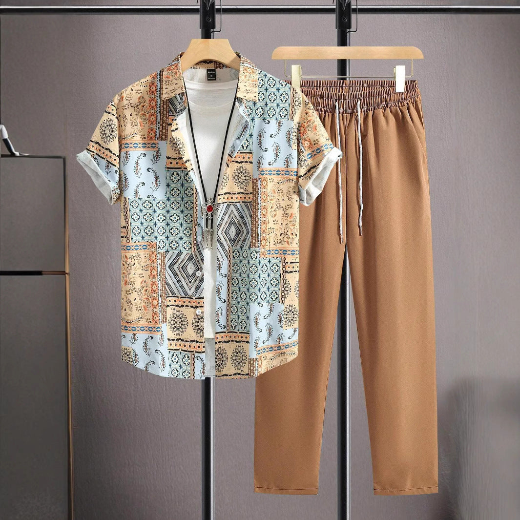 Casual Ethnic Style Short Sleeve Shirt Trousers Suit